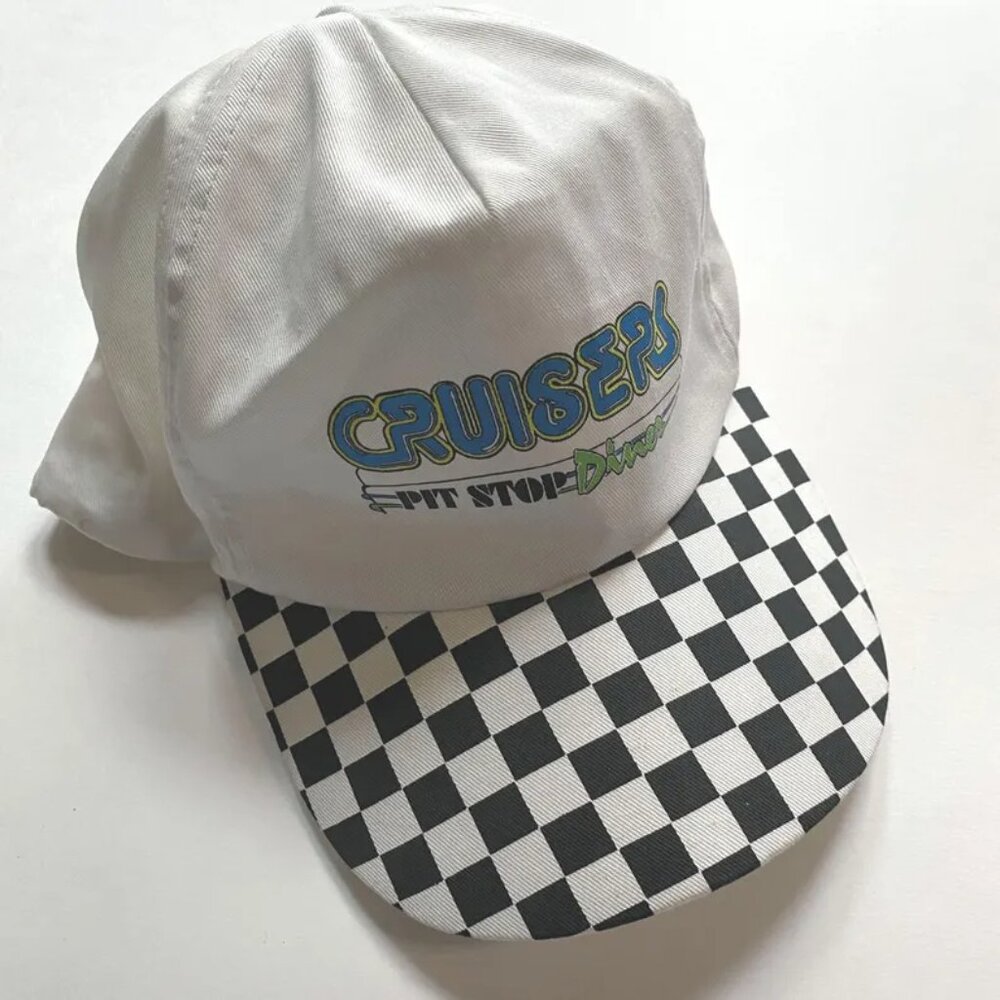 Cruisers Pit Stop Diner Hat 90s Boomer Cap with Checkered Brim – Adult Snapback